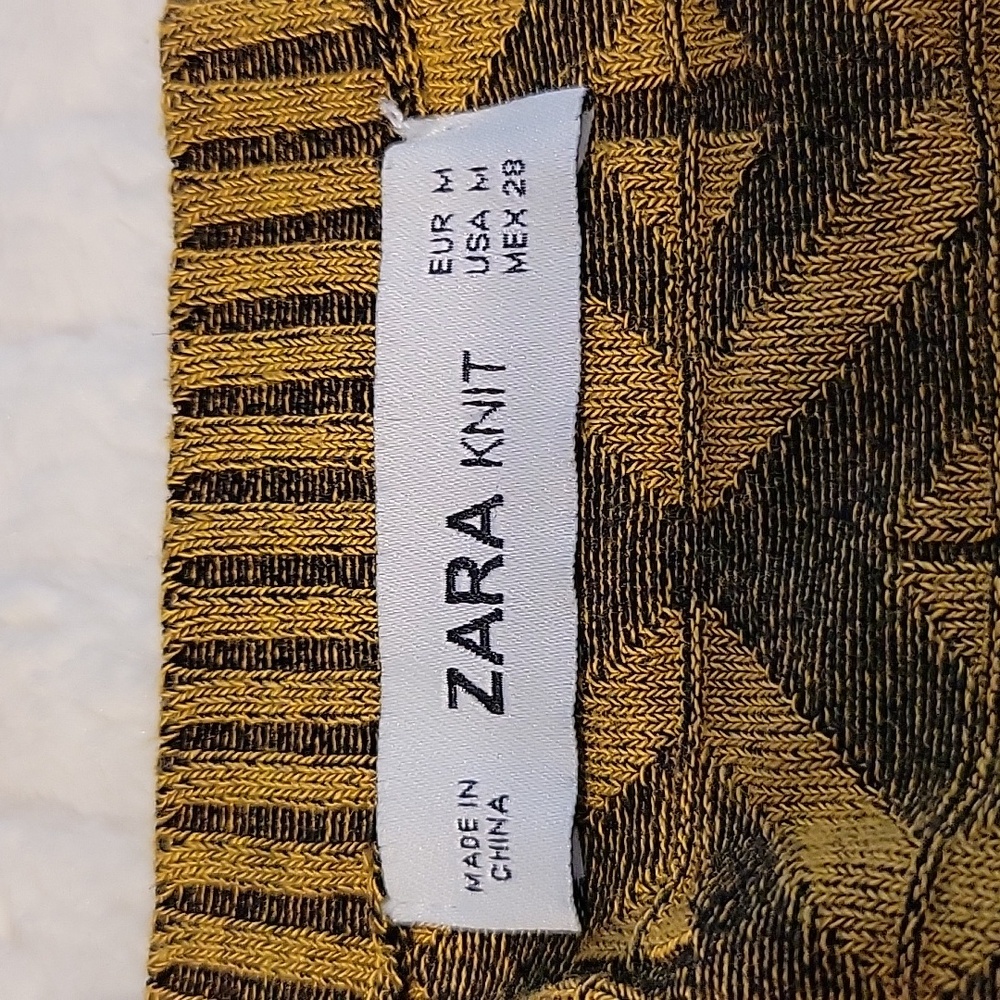 Zara Mustard & Black Patterned Bodycon Dress Long Puff Sleeves - Picture 2 of 7